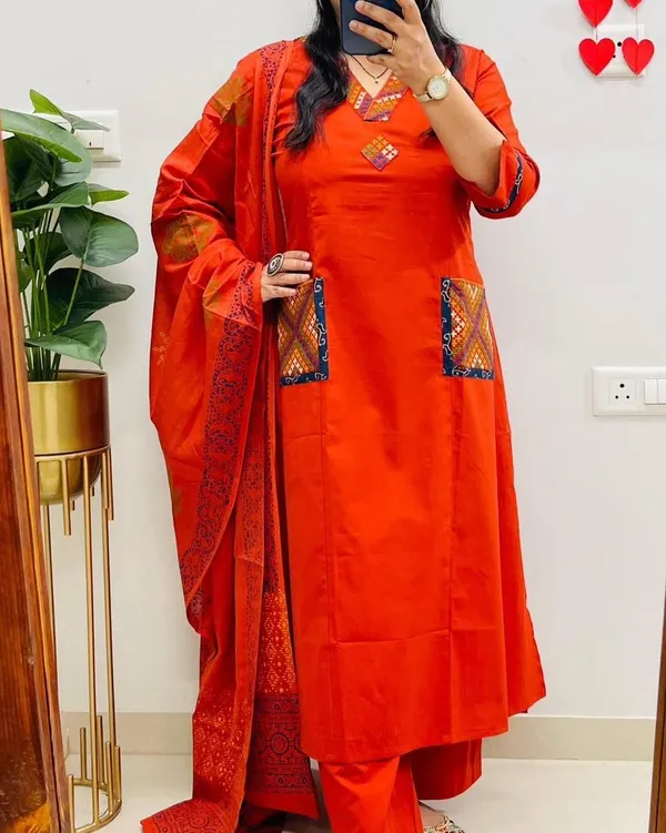 Floral_embroidered_Pure_Cotton_V_Neck_Orange_Kurta_Trouser_&_Dupatta_Set
