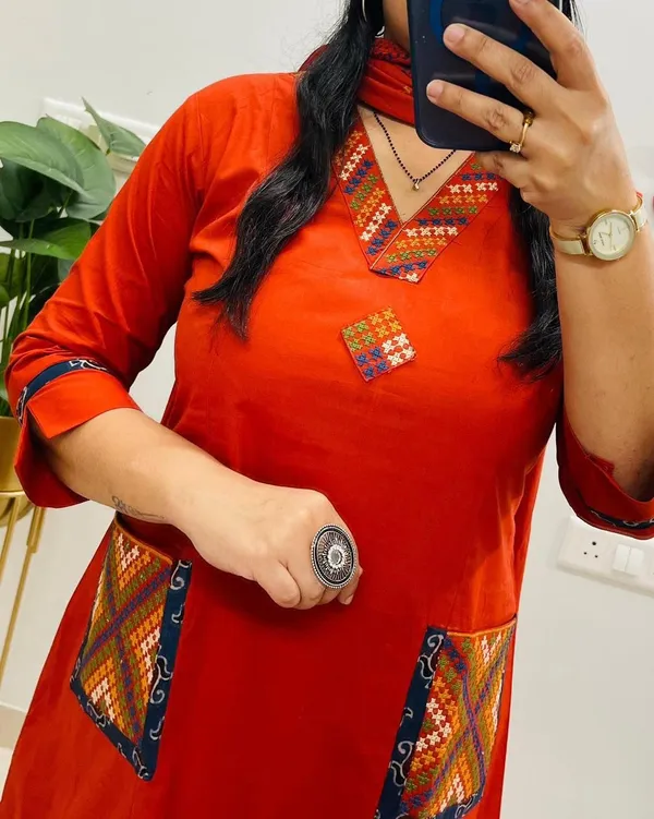 Floral_embroidered_Pure_Cotton_V_Neck_Orange_Kurta_Trouser_&_Dupatta_Set