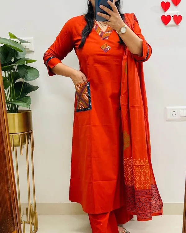 Floral_embroidered_Pure_Cotton_V_Neck_Orange_Kurta_Trouser_&_Dupatta_Set