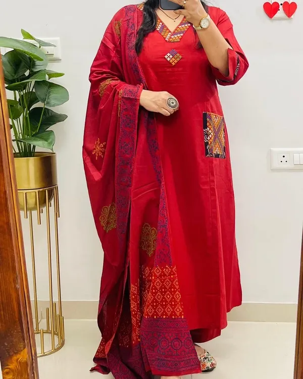 Floral_embroidered_Pure_Cotton_V_Neck_Red_Kurta_Trouser_&_Dupatta_Set