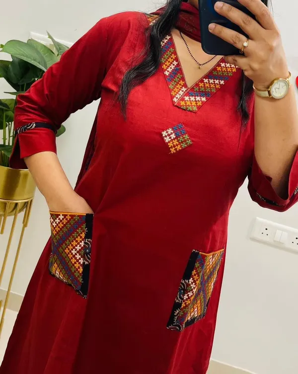 Floral_embroidered_Pure_Cotton_V_Neck_Red_Kurta_Trouser_&_Dupatta_Set