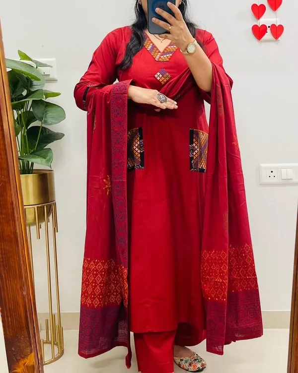 Floral_embroidered_Pure_Cotton_V_Neck_Red_Kurta_Trouser_&_Dupatta_Set