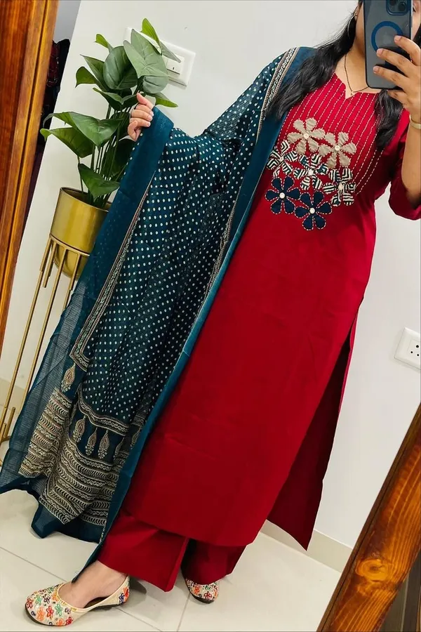 Floral_embroidered_Pure_Cotton_Round_Neck_Red_Kurta_Trouser_&_Dupatta_Set