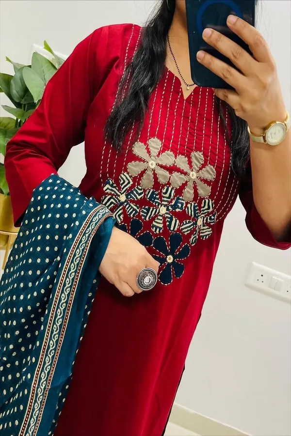 Floral_embroidered_Pure_Cotton_Round_Neck_Red_Kurta_Trouser_&_Dupatta_Set