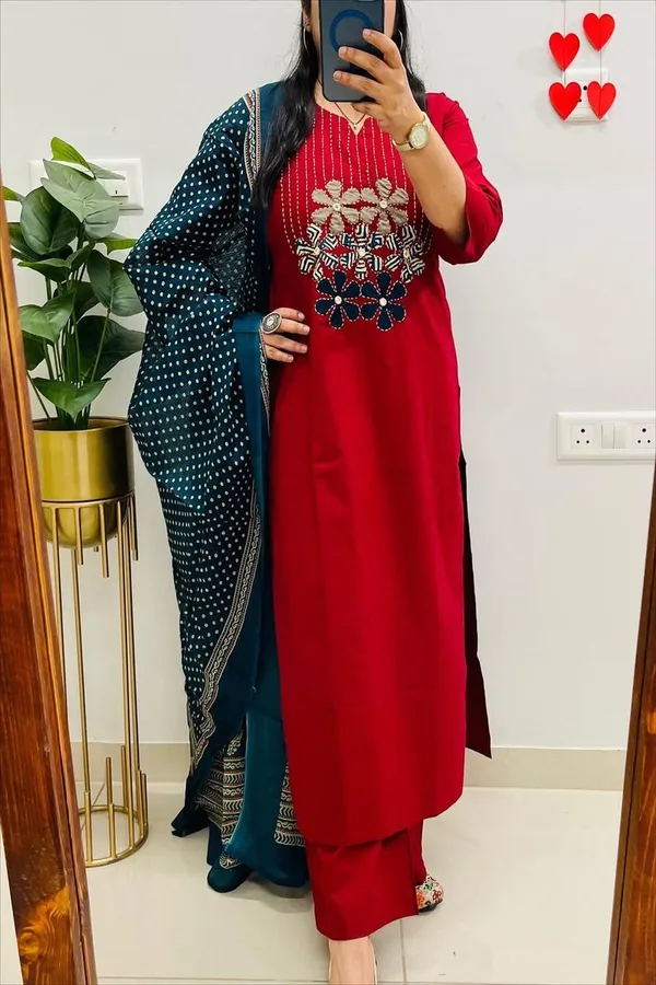 Floral_embroidered_Pure_Cotton_Round_Neck_Red_Kurta_Trouser_&_Dupatta_Set