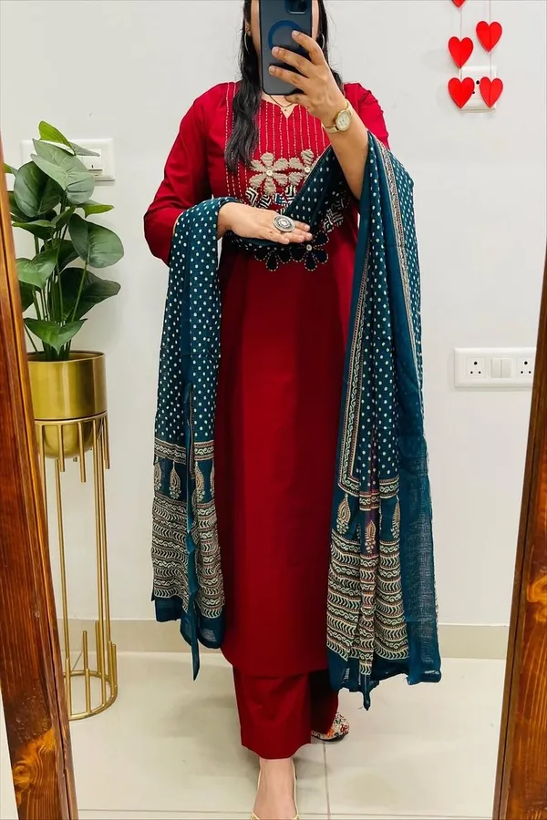 Floral_embroidered_Pure_Cotton_Round_Neck_Red_Kurta_Trouser_&_Dupatta_Set