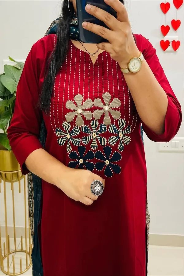Floral_embroidered_Pure_Cotton_Round_Neck_Red_Kurta_Trouser_&_Dupatta_Set