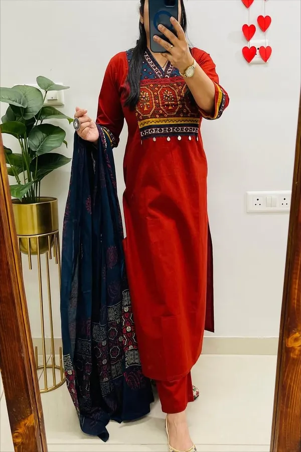 Floral_embroidered_Pure_Cotton_V_Neck_Red_Kurta_Trouser_&_Dupatta_Set