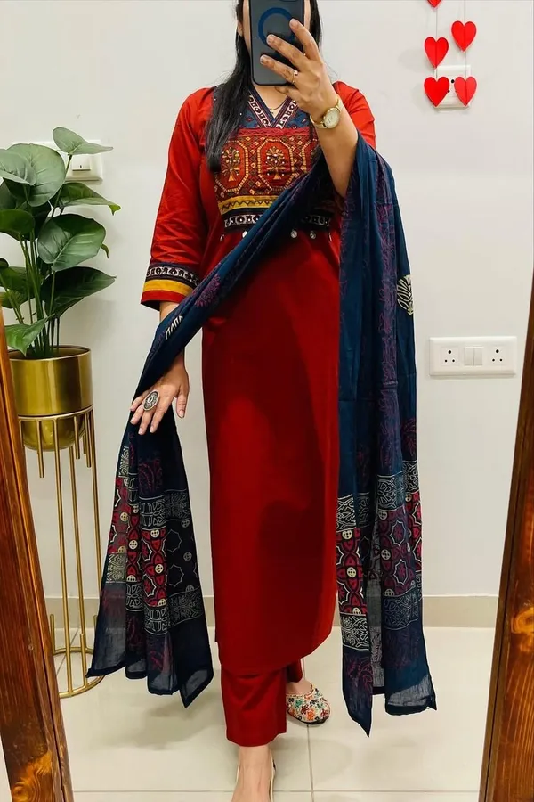 Floral_embroidered_Pure_Cotton_V_Neck_Red_Kurta_Trouser_&_Dupatta_Set