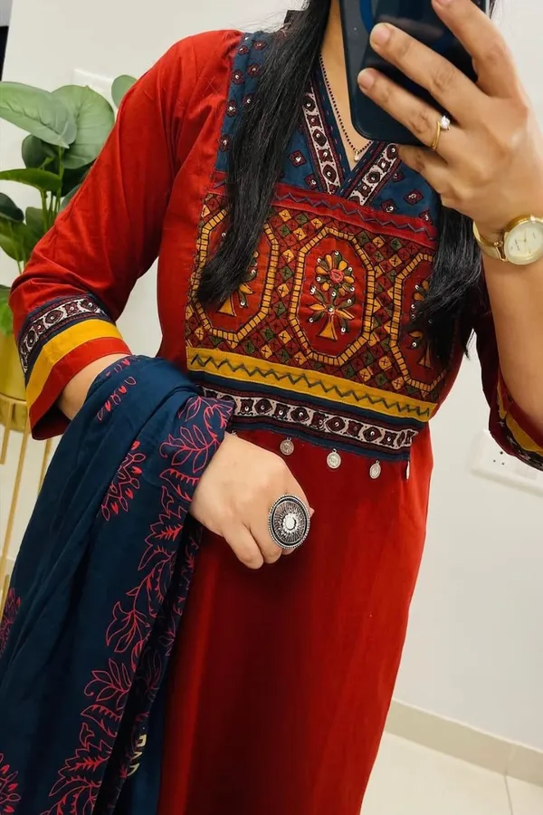Floral_embroidered_Pure_Cotton_V_Neck_Red_Kurta_Trouser_&_Dupatta_Set