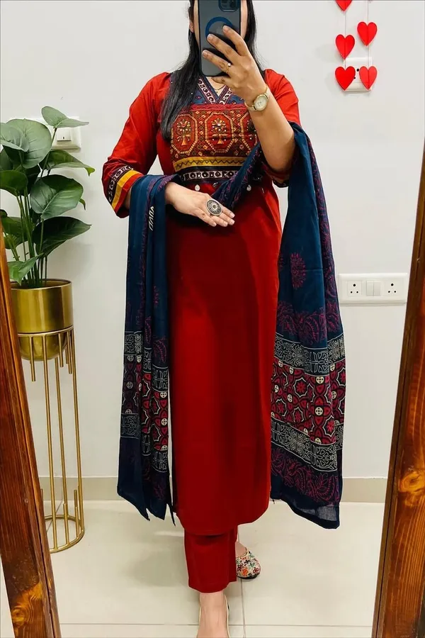 Floral_embroidered_Pure_Cotton_V_Neck_Red_Kurta_Trouser_&_Dupatta_Set