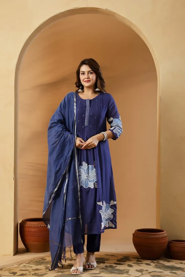 Floral_embroidered_Pure_Cotton_Round_Neck_Blue_Kurta_Trouser_&_Dupatta_Set