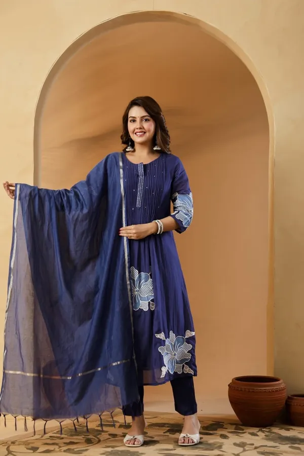 Floral_embroidered_Pure_Cotton_Round_Neck_Blue_Kurta_Trouser_&_Dupatta_Set