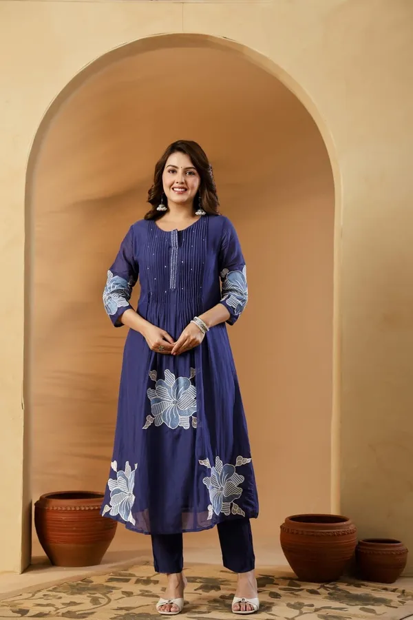 Floral_embroidered_Pure_Cotton_Round_Neck_Blue_Kurta_Trouser_&_Dupatta_Set