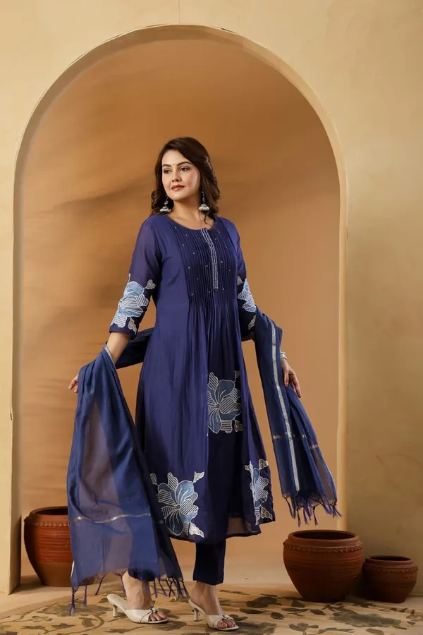 Floral_embroidered_Pure_Cotton_Round_Neck_Blue_Kurta_Trouser_&_Dupatta_Set