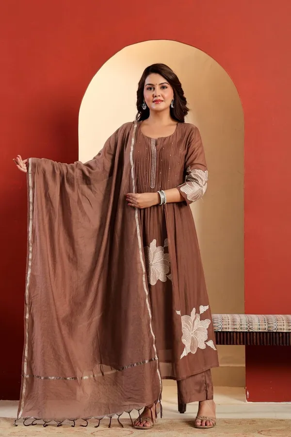 Floral_embroidered_Pure_Cotton_Round_Neck_Brown_Kurta_Trouser_&_Dupatta_Set