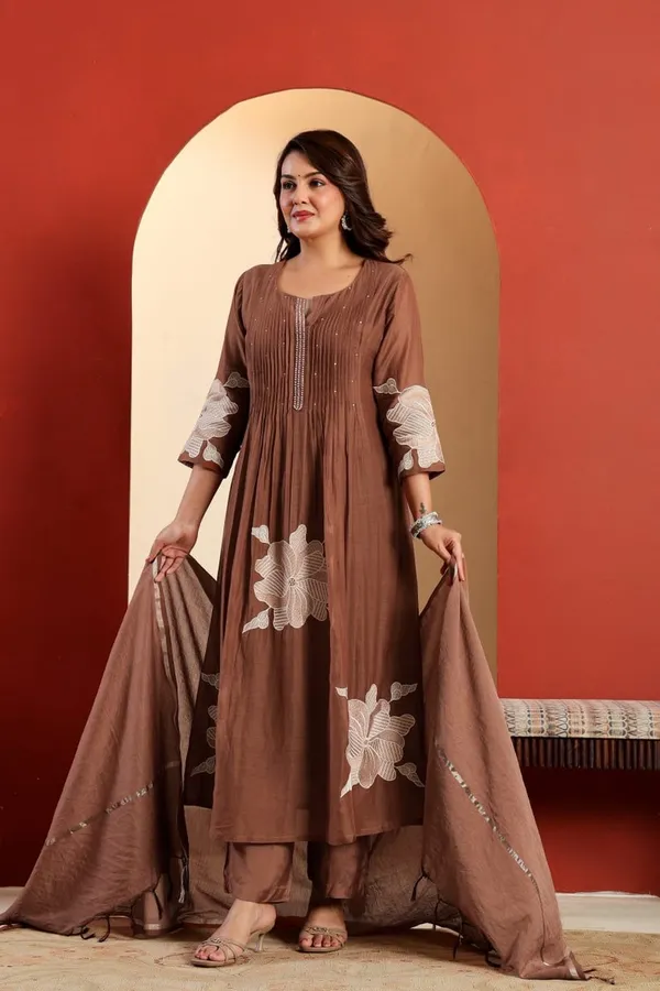 Floral_embroidered_Pure_Cotton_Round_Neck_Brown_Kurta_Trouser_&_Dupatta_Set