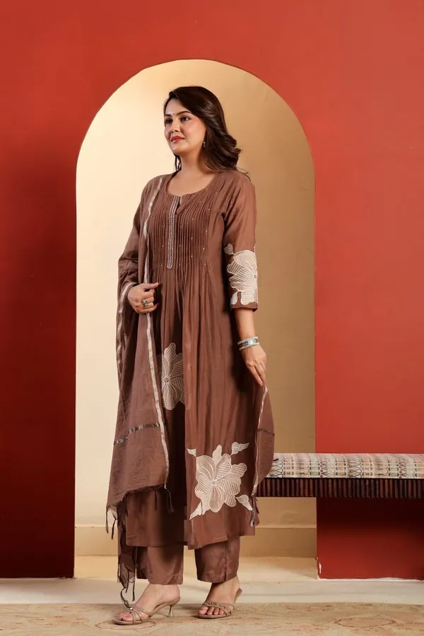 Floral_embroidered_Pure_Cotton_Round_Neck_Brown_Kurta_Trouser_&_Dupatta_Set
