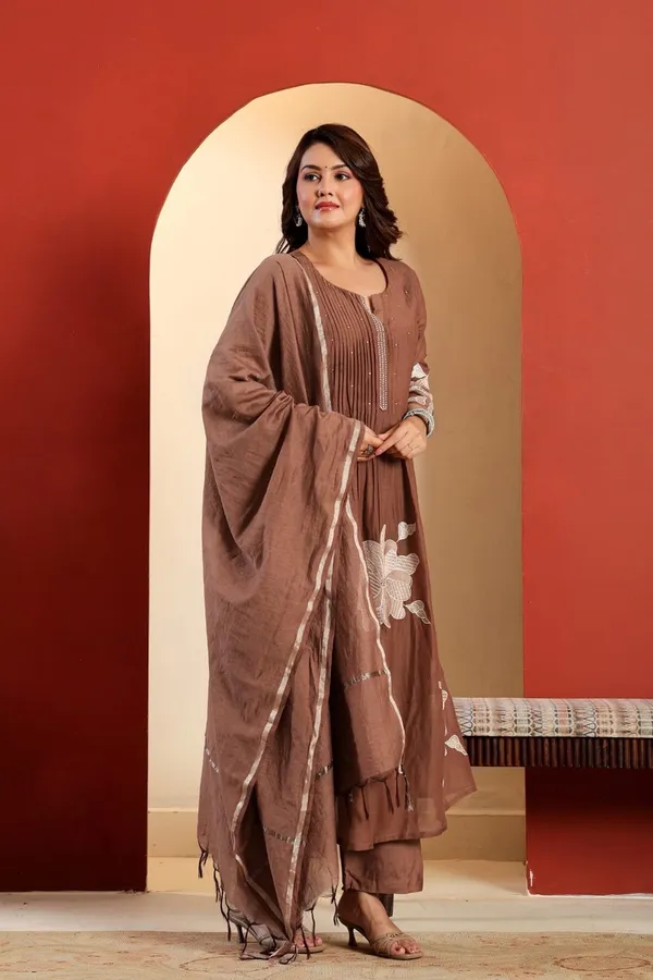 Floral_embroidered_Pure_Cotton_Round_Neck_Brown_Kurta_Trouser_&_Dupatta_Set