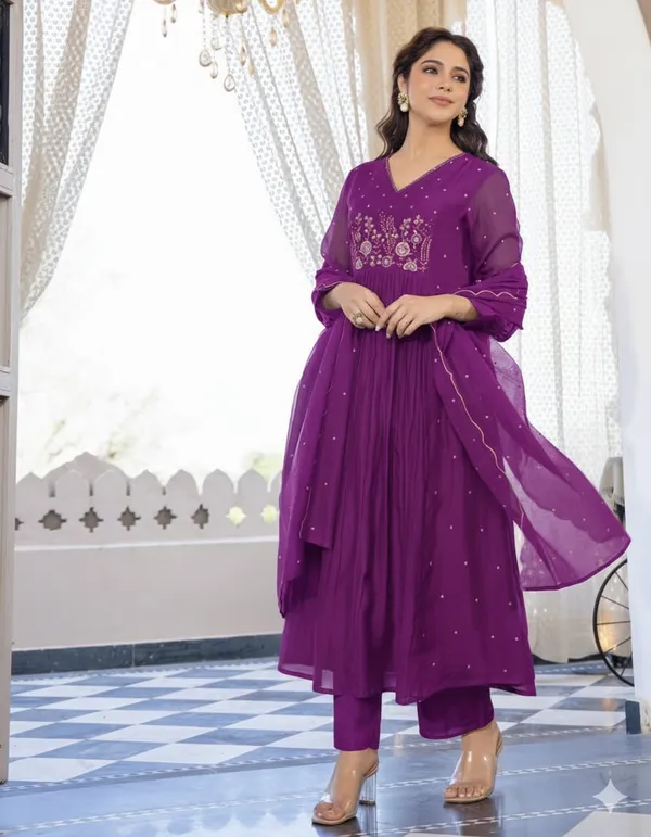 Floral_embroidered_Pure_Cotton_V_Neck_Purple_Kurta_Trouser_&_Dupatta_Set