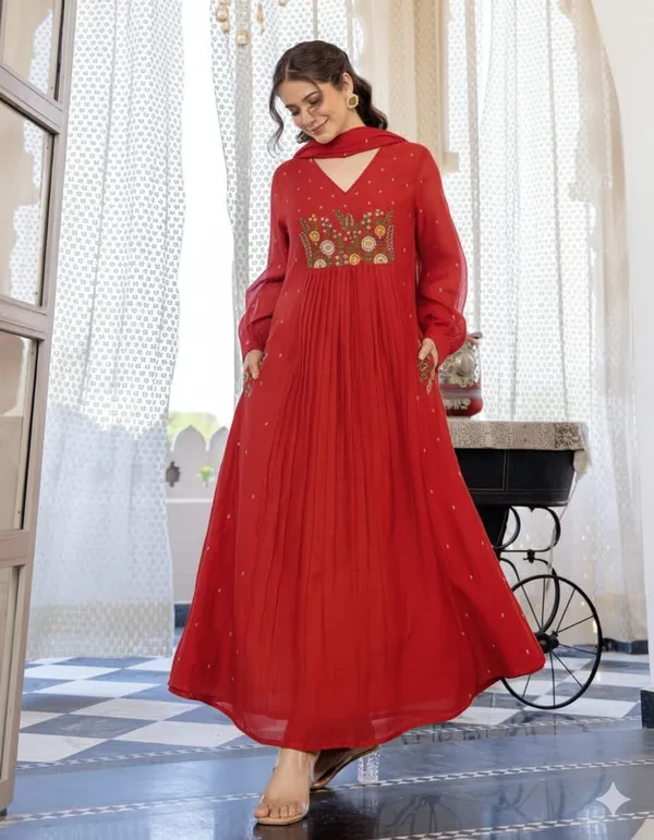 Floral_embroidered_Pure_Cotton_V_Neck_Red_Kurta_Trouser_&_Dupatta_Set