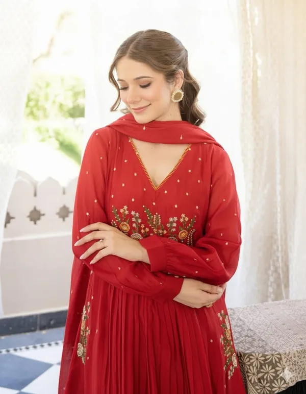 Floral_embroidered_Pure_Cotton_V_Neck_Red_Kurta_Trouser_&_Dupatta_Set