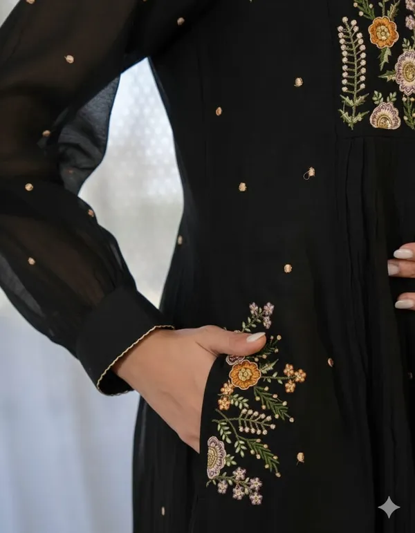 Floral_embroidered_Pure_Cotton_V_Neck_Black_Kurta_Trouser_&_Dupatta_Set