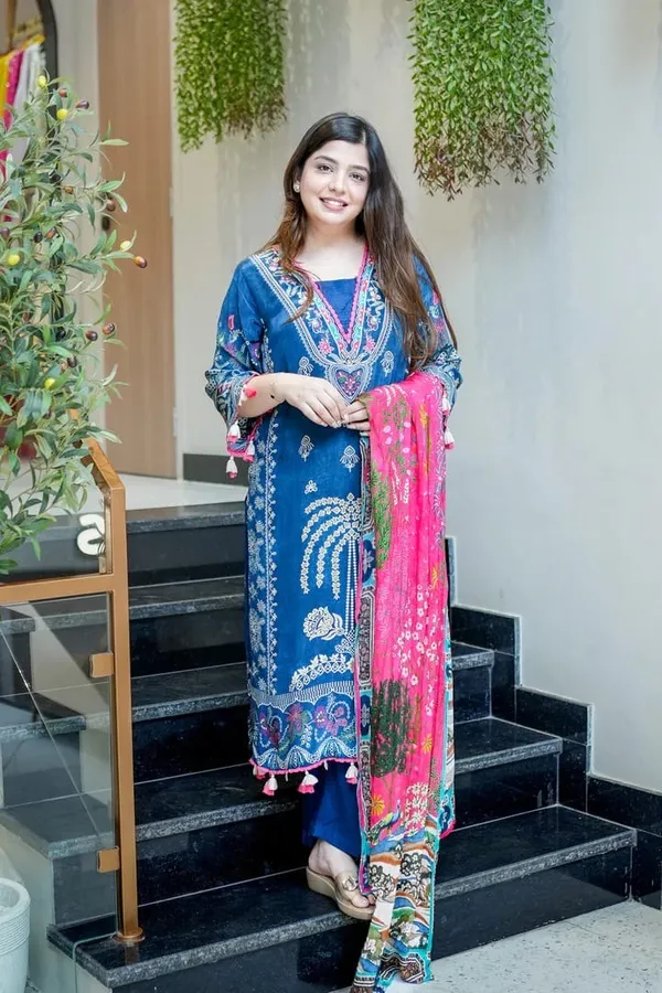 Floral_embroidered_Muslin_V_Neck_Blue_Kurta_Trouser_&_Dupatta_Set