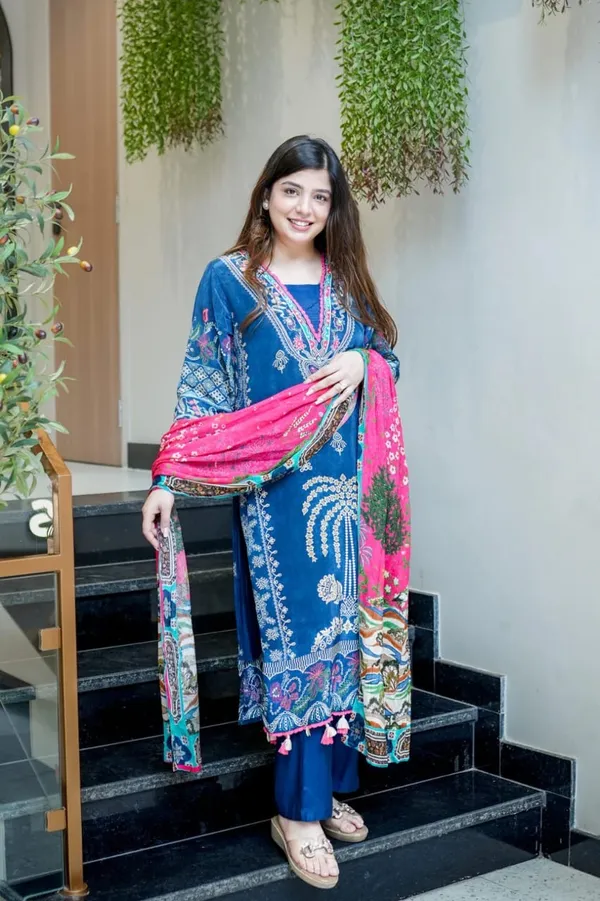 Floral_embroidered_Muslin_V_Neck_Blue_Kurta_Trouser_&_Dupatta_Set