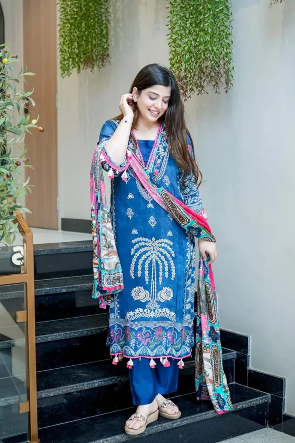Floral_embroidered_Muslin_V_Neck_Blue_Kurta_Trouser_&_Dupatta_Set
