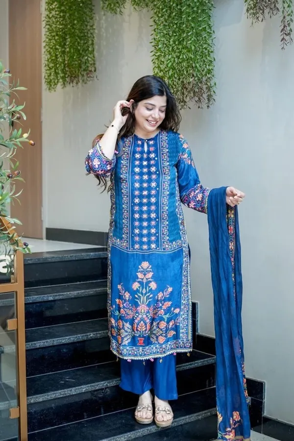 Floral_embroidered_Muslin_Round_Neck_Blue_Kurta_Trouser_&_Dupatta_Set