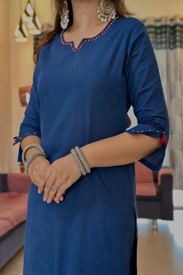 Floral_embroidered_Pure_Cotton_Round_Neck_Blue_Kurta_Trouser_&_Dupatta_Set