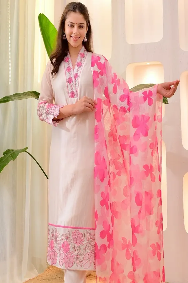 Floral_embroidered_Pure_Cotton_V_Neck_White_Kurta_Trouser_&_Dupatta_Set