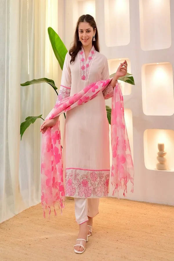 Floral_embroidered_Pure_Cotton_V_Neck_White_Kurta_Trouser_&_Dupatta_Set
