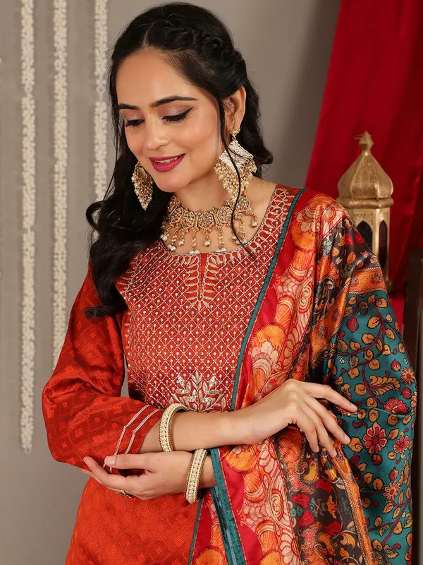 Orange_Floral_Embroidered_Art_Silk_Kurta_Trouser_Dupatta_Set