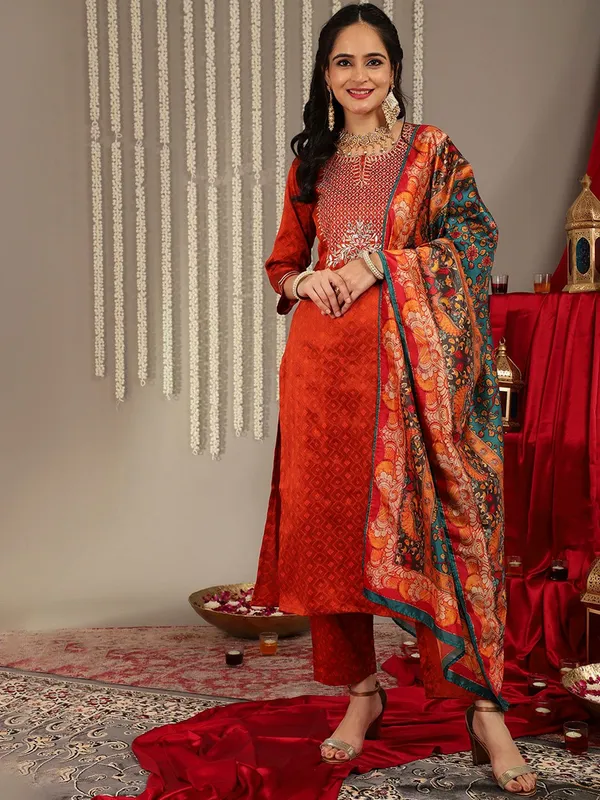Orange_Floral_Embroidered_Art_Silk_Kurta_Trouser_Dupatta_Set