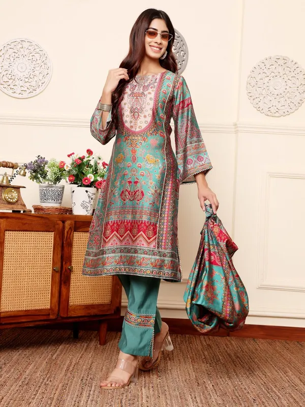Turquoise_Blue_Floral_Printed_CFloraleri_Silk_Kurta_Trouser_Set