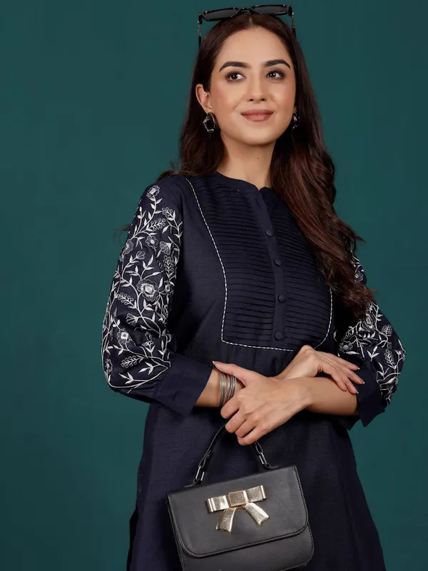 Navy_Blue_Floral_Printed_Cotton_Blend_Kurta_Trouser_Set