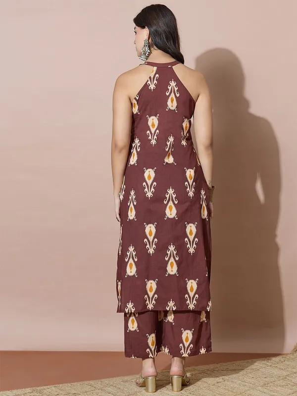 Brown_Floral_Printed_Cotton_Blend_Kurta_Palazzo_Set