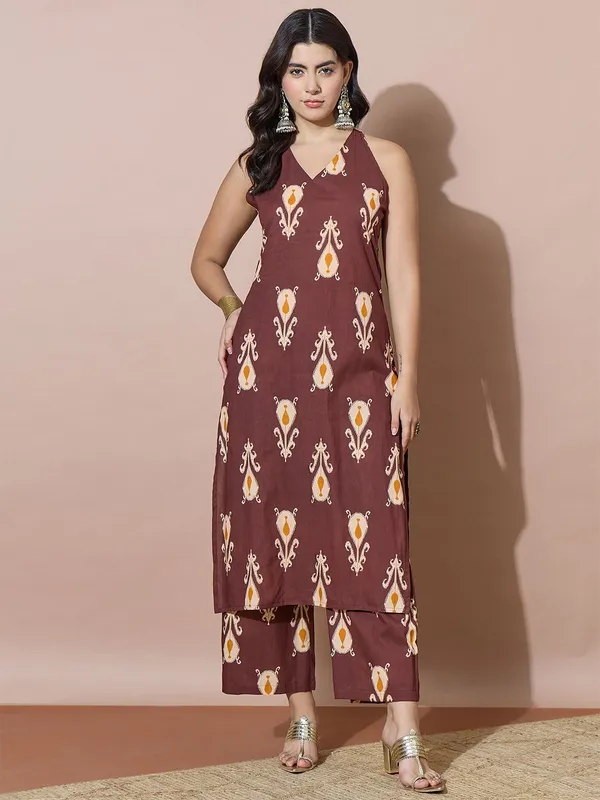 Brown_Floral_Printed_Cotton_Blend_Kurta_Palazzo_Set
