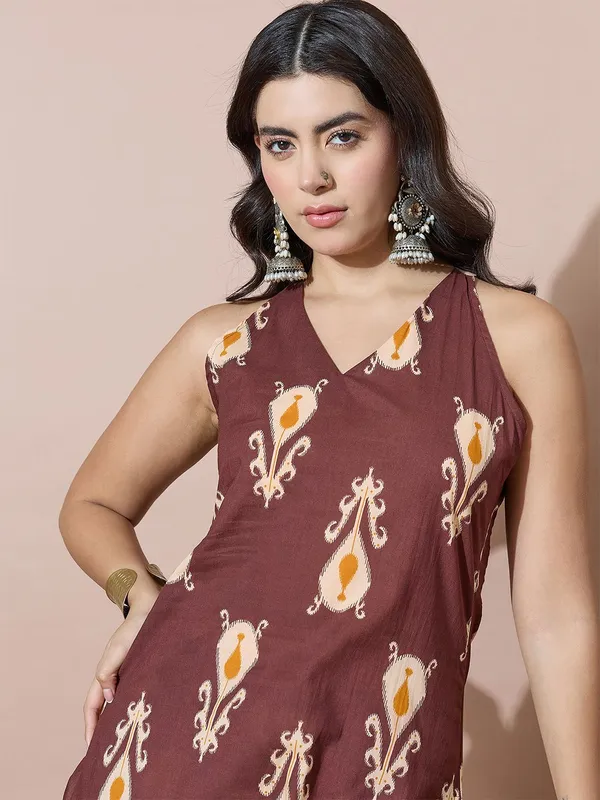 Brown_Floral_Printed_Cotton_Blend_Kurta_Palazzo_Set