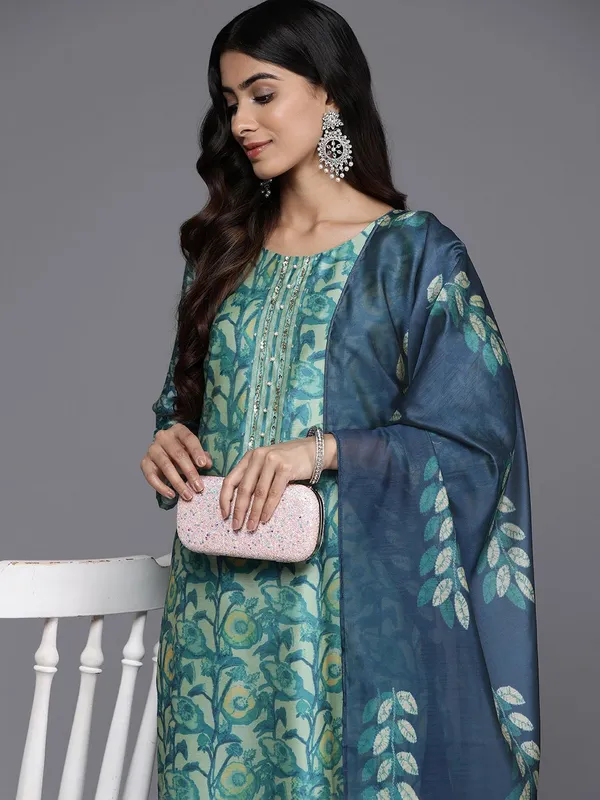 Sea_Green_Floral_Printed_Silk_Blend_Kurta_Trouser_Dupatta_Set
