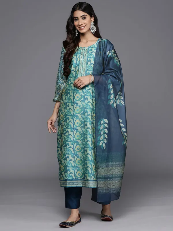 Sea_Green_Floral_Printed_Silk_Blend_Kurta_Trouser_Dupatta_Set
