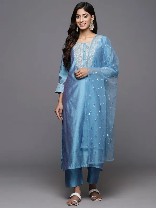 Blue_Floral_Embroidered_CFloraleri_Silk_Kurta_Trouser_Dupatta_Set