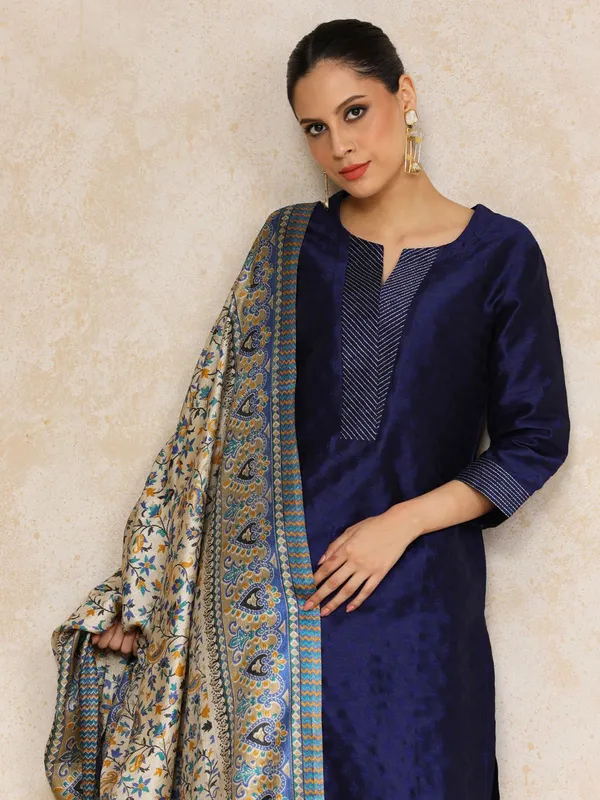 Navy_Blue_Floral_Printed_Silk_Blend_Kurta_Trouser_Dupatta_Set