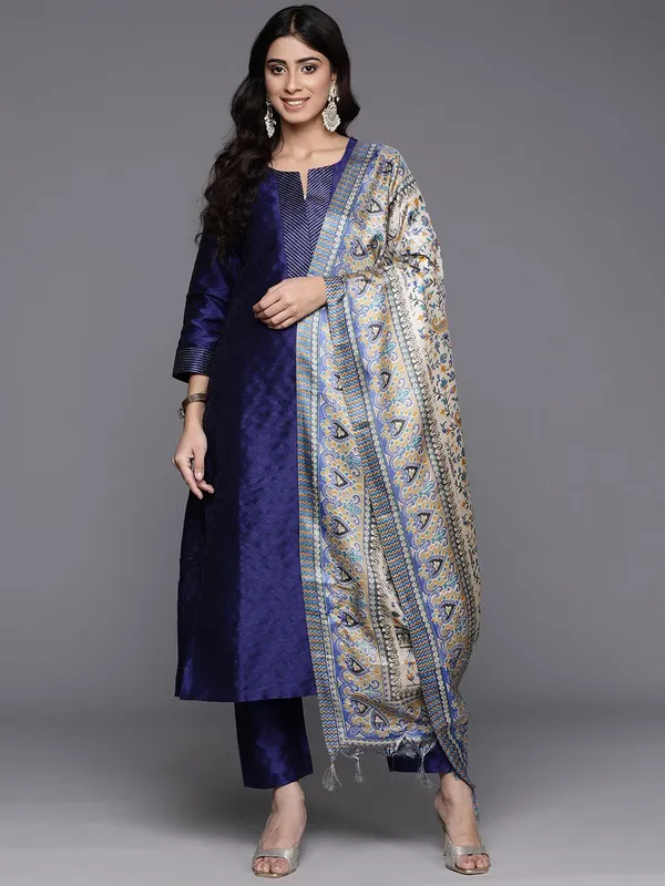 Navy_Blue_Floral_Printed_Silk_Blend_Kurta_Trouser_Dupatta_Set