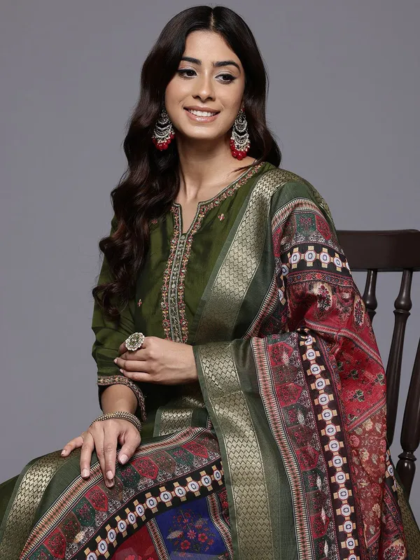 Olive_Floral_Embroidered_Silk_Blend_Kurta_Trouser_Dupatta_Set