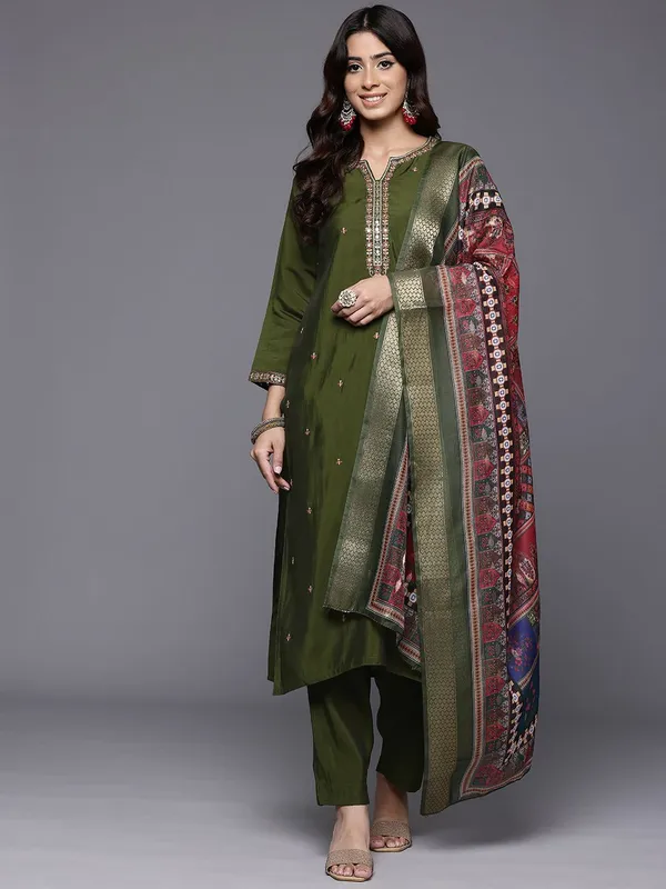 Olive_Floral_Embroidered_Silk_Blend_Kurta_Trouser_Dupatta_Set