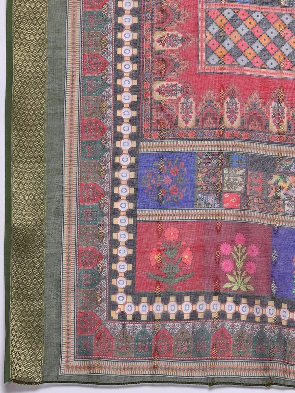 Olive_Floral_Embroidered_Silk_Blend_Kurta_Trouser_Dupatta_Set