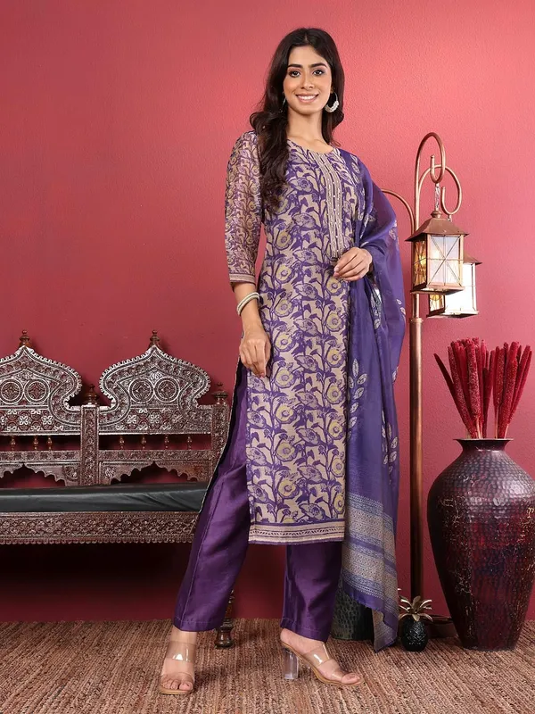 Purple_Floral_Printed_CFloraleri_Silk_Kurta_Trouser_Dupatta_Set